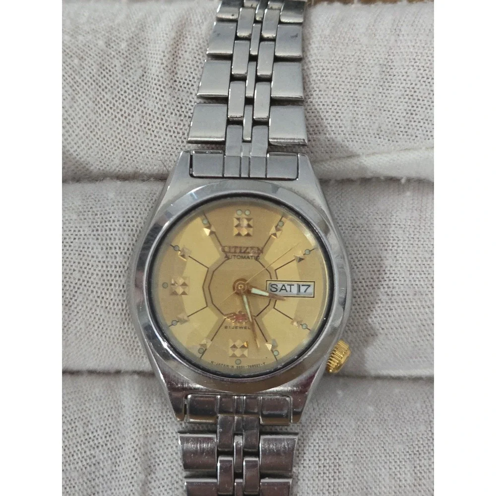 Vintage Citizen Automatic Watch 21 Jewels Gold Dial Day Date Y2K Quiet Luxury